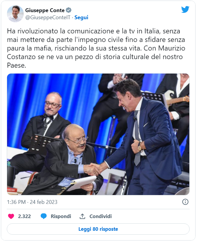 Le parole di cordoglio di Giuseppe Conte per Maurizio Costanzo