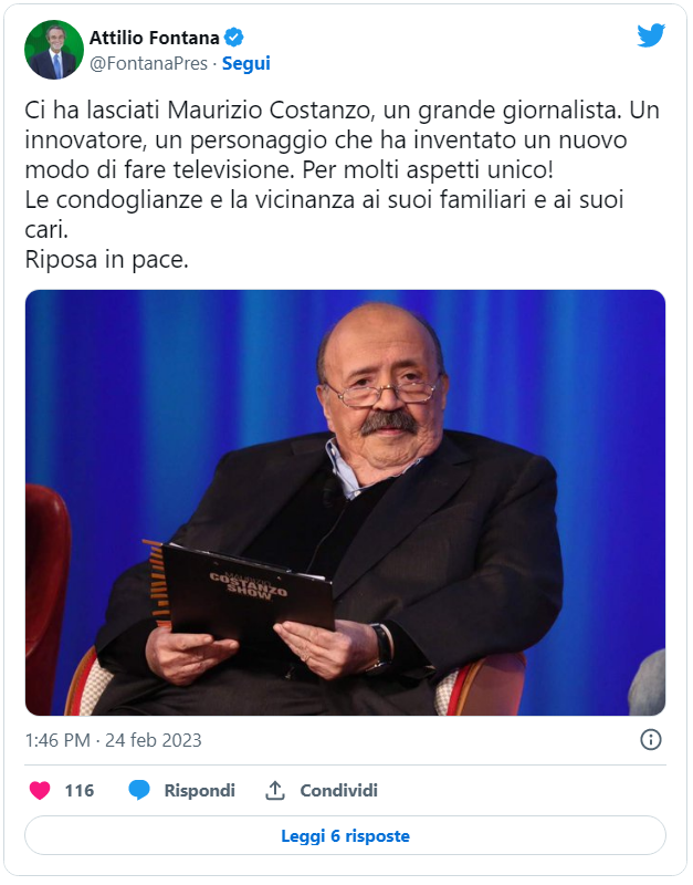 Le parole di cordoglio di Attilio Fontana per Maurizio Costanzo