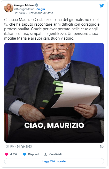 Le parole di cordoglio della Premier Meloni per Maurizio Costanzo